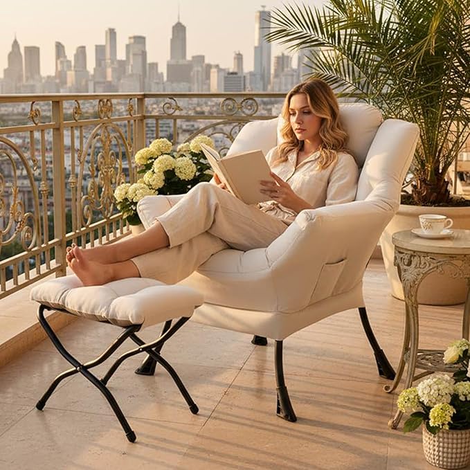 Tiita Lazy Chair with Ottoman, Modern Large Accent Lounge Armchair, Comfy Leisure Sofa Reading Chair with Footrest for Bedroom, Living Room, Dorm Rooms, Garden and Courtyard, Velvet Beige
