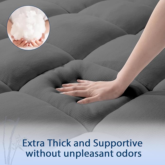 ELEMUSE California King Grey Cooling Bamboo Viscose Mattress Topper for Back Pain, Extra Thick Mattress Pad Cover, Plush Soft Pillowtop with Elastic Deep Pocket, Overfilled Down Alternative Filling