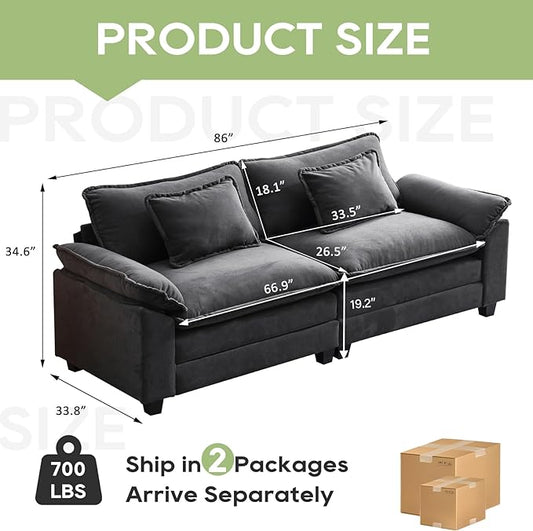 86" Modular Sectional Sofa, Comfy Cloud Couch Sectional Sofa with Ottoman, Velvet Sofa Sleeper Deep Seat Sofa with Throw Pillows for Living Room (Blue Gray, 86"- Loveseat)