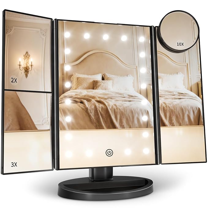 HUONUL Makeup Mirror Vanity with Lights, 2X 3X 10X Magnification, Touch Control, Trifold Mirror, Dual Power Supply, Gifts for Women, Wife, Mom, Teengirls(Black)