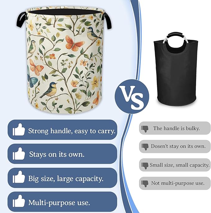 Bird Butterfly Laundry Basket,Oxford Cloth Vintage Nature Laundry Hamper With Handle Foldable Portable Clothes Storage Basket for Laundry Room/Bedroom/Bathroom 20.8"x16"