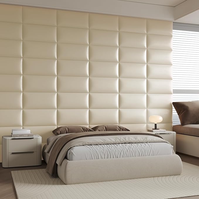 Beige Stick Headboard - 6-Piece Wall-Mounted Bed Backboard for Queen Size Beds, 24 x 12 Inches, Easy-to-Install Decorative Bed Head and Peel and Stick Queen Size Headboard for Bedroom Décor