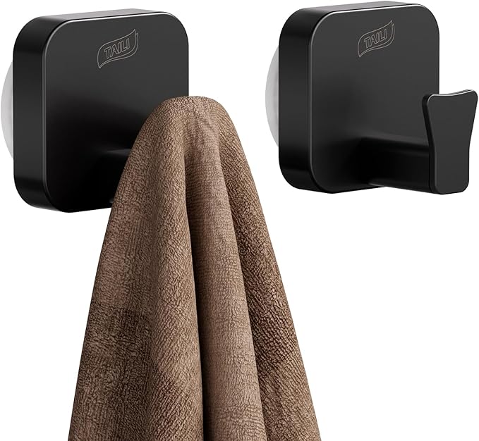 TAILI Thickened 304 Stainless Steel Bathroom Suction Hook for Towel, Loofah, Bathrobe, Patented Strong Suction Cup Holder, Damage-Free Hanging Glass Shower Wall Hook, Hold Up to 11 Lbs, 2 Pack, Black