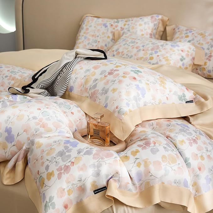 mixinni Shabby Chic Breathable Lyocell Duvet Cover Set Soft Aesthetic Colorful Painting Flowers Cooling Bedding for Hot Sleepers with 2 Pillow Shams, Zipper Closure and 4 Ties, Twin XL Size