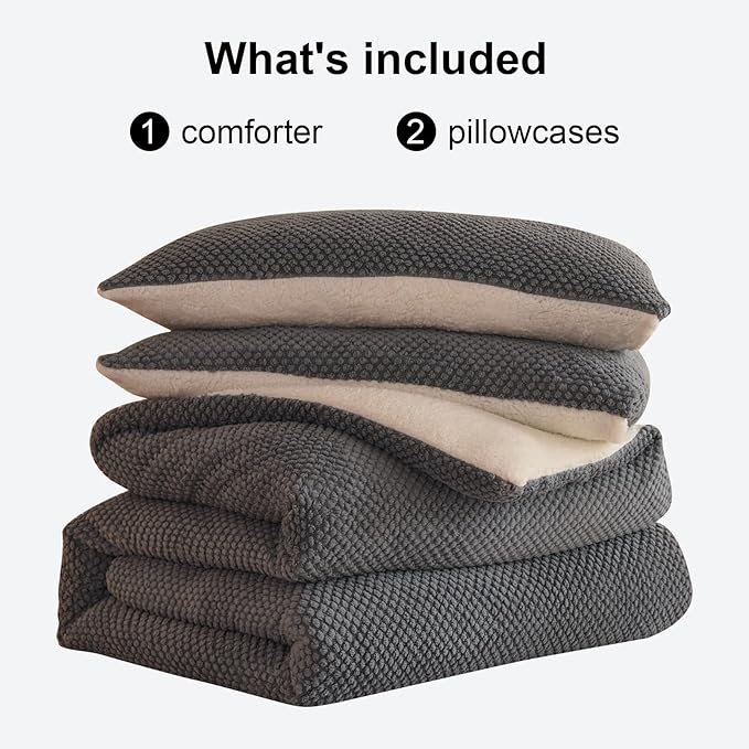 3D Jacquard Design Comforter Set, Ultra-Soft Warm Full Size Sherpa Fur Plush 3-Pieces Sets Luxury Cozy Bedding with 2 Pillowcases (80"x90", Grey)
