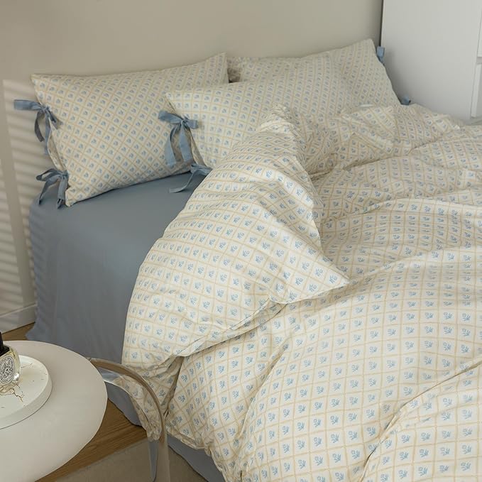 Blue Floral Duvet Cover Queen Teen Girls Cottagecore Coquette Bedding Set Queen 3 Pieces Soft Cotton Peach Flowers Comforter Cover with Bow Ties Pillowcases,Vintage Country Bedding Sets for Queen Bed