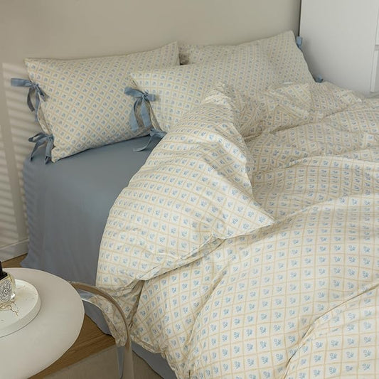 mixinni Blue Floral Duvet Cover Twin Size- 3 Piece Cottagecore Bedding Set with Bow Ties & Zipper Closure, 100% Cotton Soft Aesthetic Comforter Cover for Girls, Lightweight Breathable Country Style