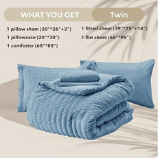 HYMOKEGE Mineral Blue Twin Comforter Set Seersucker 5 Pieces, All Season Luxury Bed in a Bag for Bedroom, Bedding Set with Comforter, Sheets, Pillowcase & Sham