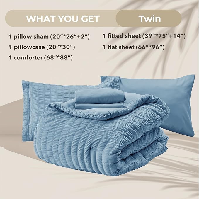 HYMOKEGE Mineral Blue Twin Comforter Set Seersucker 5 Pieces, All Season Luxury Bed in a Bag for Bedroom, Bedding Set with Comforter, Sheets, Pillowcase & Sham