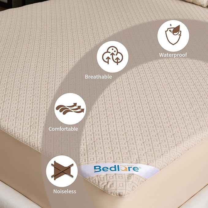 BEDLORE Twin Size Mattress Protector, Waterproof Noiseless Mattress Cover with Stretchable Pockets for 6-15 inches Mattress, Soft Breathable Mattress Pad for College Dorm (Beige)
