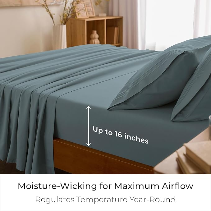 Mellanni Queen Sheet Set - 6-Piece Iconic Collection Bedding, (Including 4 Pillowcases), 16-Inch Deep Pocket, Easy Care, Extra Soft, Cooling Sheets, Brushed Microfiber - Spa Blue
