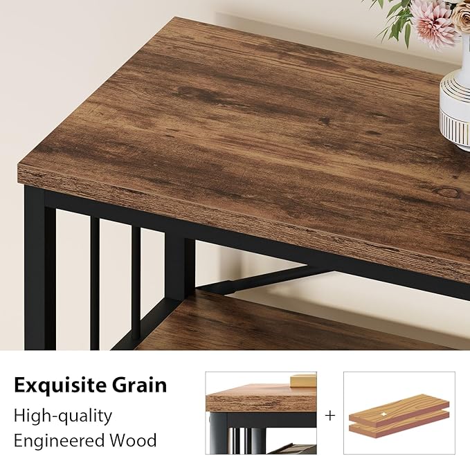 HSH Horizontal Bookshelf, Wood Metal Low Bookcase with Storage, Open 3 Tier Etagere Book Shelf for Office Bedroom Living Room, Rustic Brown, 55 Inch