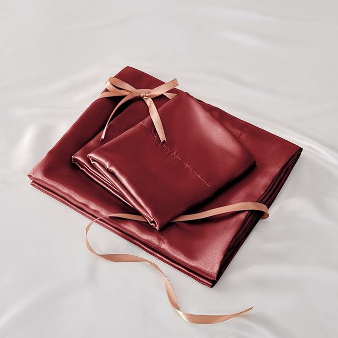 BEDELITE King Size Sheets Set, Luxury Soft Burgundy Satin Sheets for Hair and Skin, Similar to Silk Bed Sheets Set 4 Pieces with 1 Deep Pocket Fitted Sheet, 1 Flat Sheet, and 2 Pillowcases