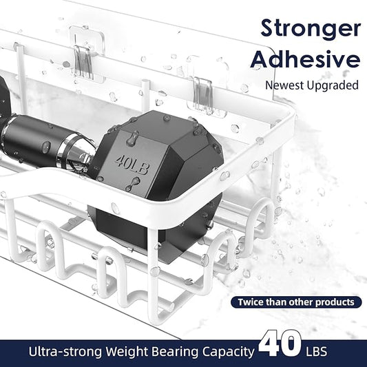 Shower Caddy Adhesive Shower Organizer 7-Pack, Rustproof Stainless Steel Bathroom Shelves, Large Capacity No-Drill Rack Storage Accessories with Soap Dish Toothbrush Holder Hooks (White)