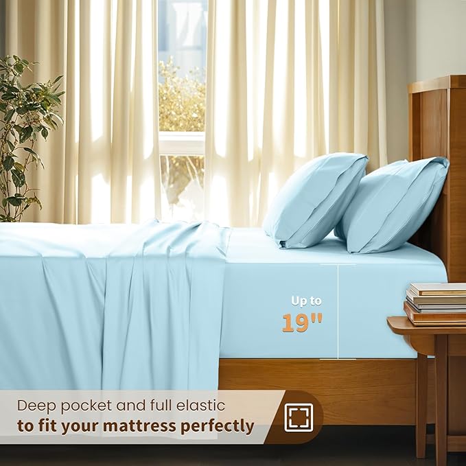 LBRO2M 100% Cotton Sheets Set Deep Pocket 19", 1000 Thread Count Queen Size 4 Piece Bed Sheet Sets Soft Comfortable Bedding All Season (Queen, Light Blue) LBRO2MBedding