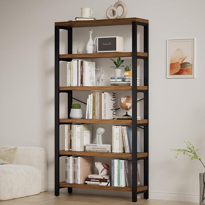 6-Tier Adjustable Heavy Duty Bookshelf, Industrial Wood and Metal Bookshelf, Vintage Bookcase with Lock Wall Design, Shelves for Room Wall Standing, Rustic Brown