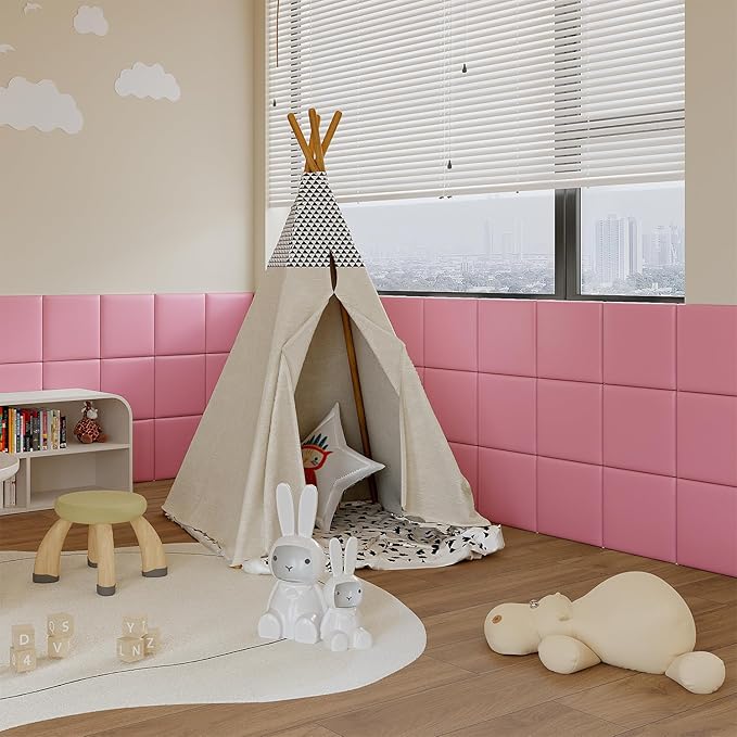 Yutianli 3D Anti-Collision Wall Padding for Kids Peel and Stick Headboard Wall Panels Pack of 4 Sized 11.8"x 11.8" Pink Self-Adhesive Panels for Playroom Bedroom Upholstered Wall