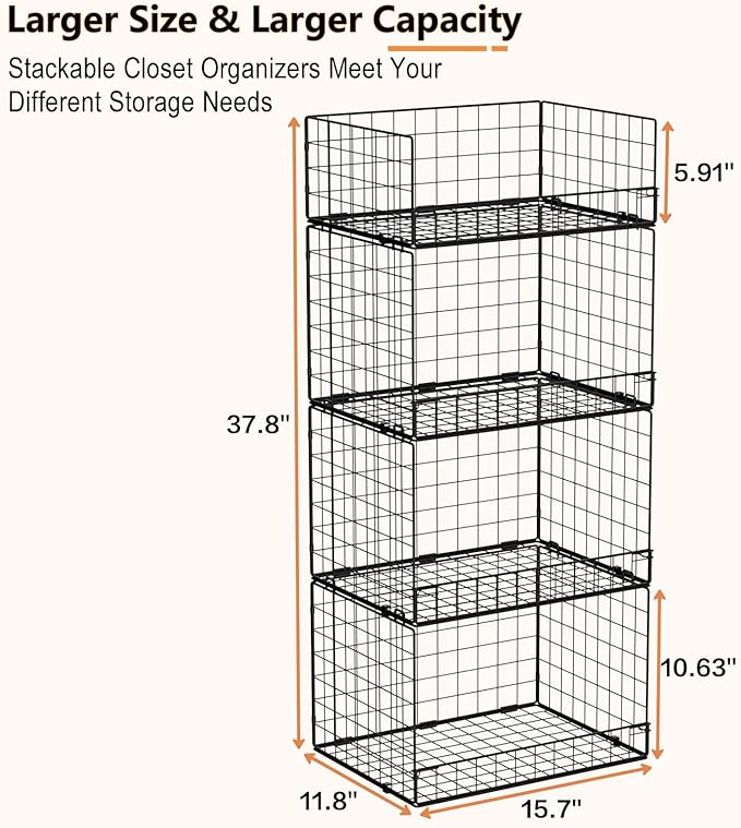 4 Tier Stackable Closet Organizers and Storage Shelves, Foldable Closet Shelf Organizer System, Stackable Storage Bins Drawers for Clothes Organizer System, Black(Patent Pending)