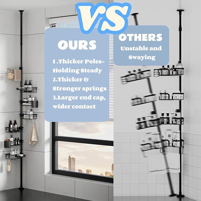 Shower Caddy Corner Organizer Tension Pole Adjustable 30-120 Inches Corner Shelf with Towel Rack, Toothbrush Holder, Soap Dish for Bathroom Organizers and Storage