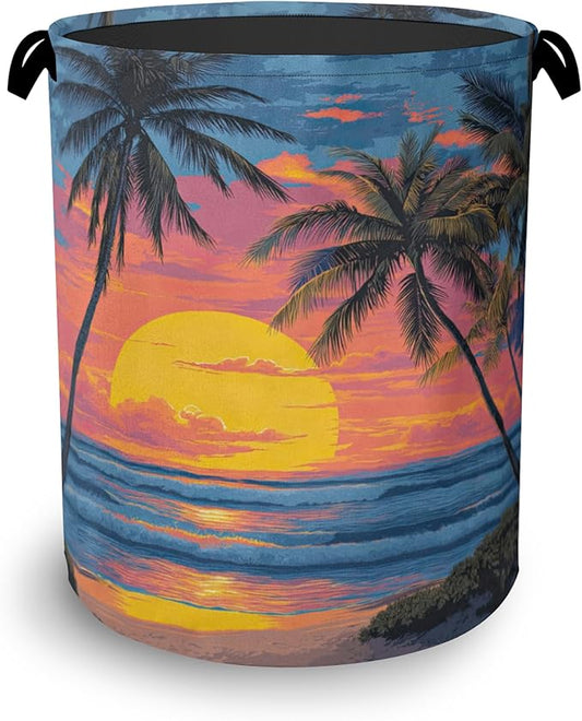 Tropical Palm Tree Laundry Basket,Sunset Beach Oxford Cloth Laundry Hamper with Handle Foldable Portable Clothes Storage Basket for Bathroom Bedroom Dorm Room 16" x 20.8"