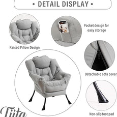 Tiita Lazy Chair with Ottoman, Modern Large Accent Lounge Armchair, Comfy Leisure Sofa Reading Chair with Footrest for Bedroom, Living Room, Dorm Rooms, Garden and Courtyard, Light Grey