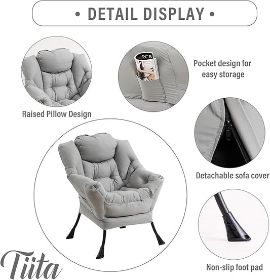 Tiita Lazy Chair with Ottoman, Modern Large Accent Lounge Armchair, Comfy Leisure Sofa Reading Chair with Footrest for Bedroom, Living Room, Dorm Rooms, Garden and Courtyard, Light Grey