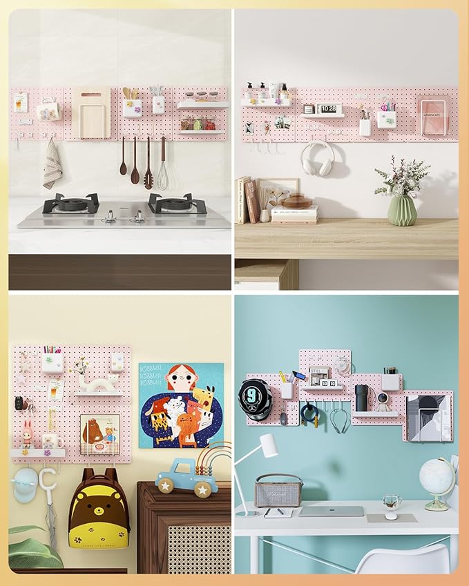 Metal Pegboard Combination Kit — 4 Carbon Steel Pegboards with 26 Accessories, Pegboard Wall Organizer for Home, Office, Study Room, Kitchen, Garage & Craft Room — 24″ × 24″ Pink Peg Board