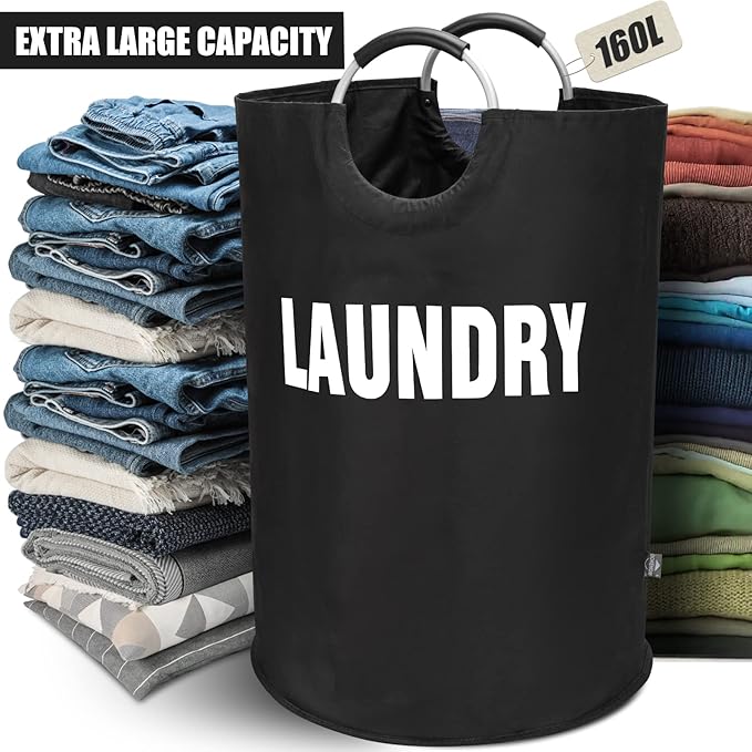 DOKEHOM 160L XX-Large Laundry Basket (7 Colors), Collapsible Laundry Bag, Foldable Laundry Hamper, Folding Washing Bin (Black, XXL)