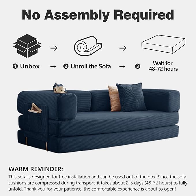 78.8" Convertible Sofa Bed -Compression Sofa with Corduroy Fabric - with Armrests and Backrest - Modular Sectional for Living Room, Bedroom, Studio - Compression Sofa in Box (Dark Blue)