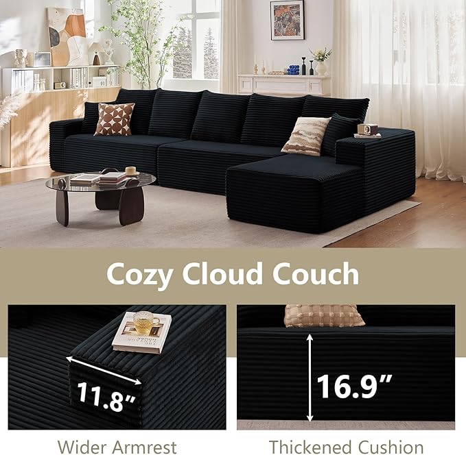 166.9" Cloud Sectional Couch with L-Shape Chaise, Upholstered Corduroy Couches Sleeper with Deep Seat, Modern Modular Comfy Sofa Chaise Longue for Living Room Bedroom, No Assembly Required, Black