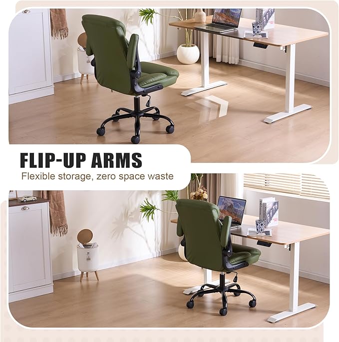 Office Chair, Ergonomic Computer Chair with Flip-up Arms Home Desk Chairs Comfy PU Leather Executive Mid Back Support Adjustable Height Tilt Lock Swivel Rolling Wheels, Green