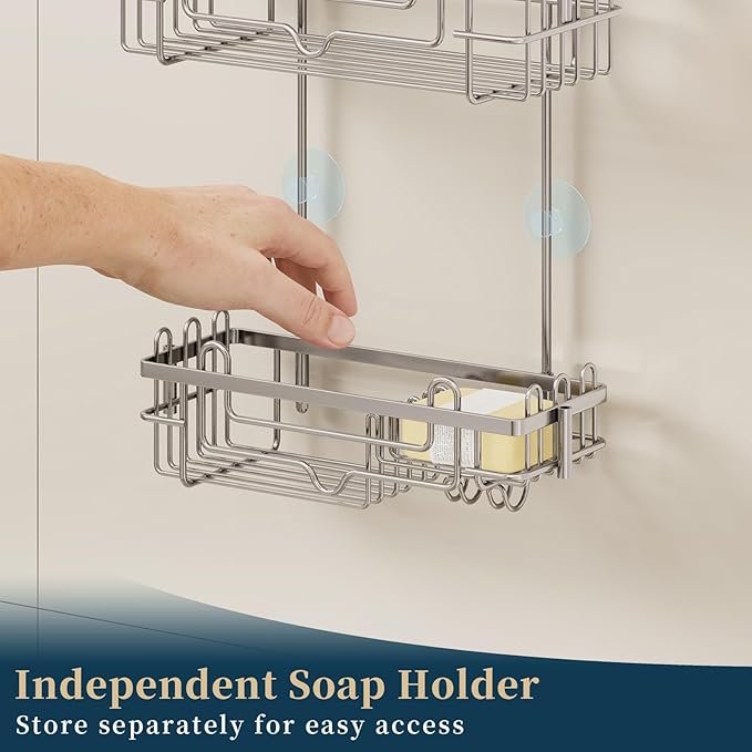 Consumest Over the Door Shower Caddy - 2-Tier Hanging Shower Organizer with Soap Holder, Rustproof Bathroom Storage and Organizer Rack for Shampoo, Towels, and Toiletries, Sand Nickel