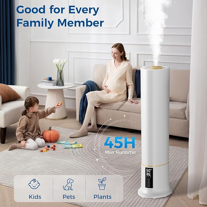 Humidifier Large Room,2.4Gal Cool Mist Humidifiers for Bedroom 9L High Capacity 24dB Quiet Air Humificador fit Removable Water Tank 360° Adjustable, Top Fill & Easy Clean with Remote Control （White）