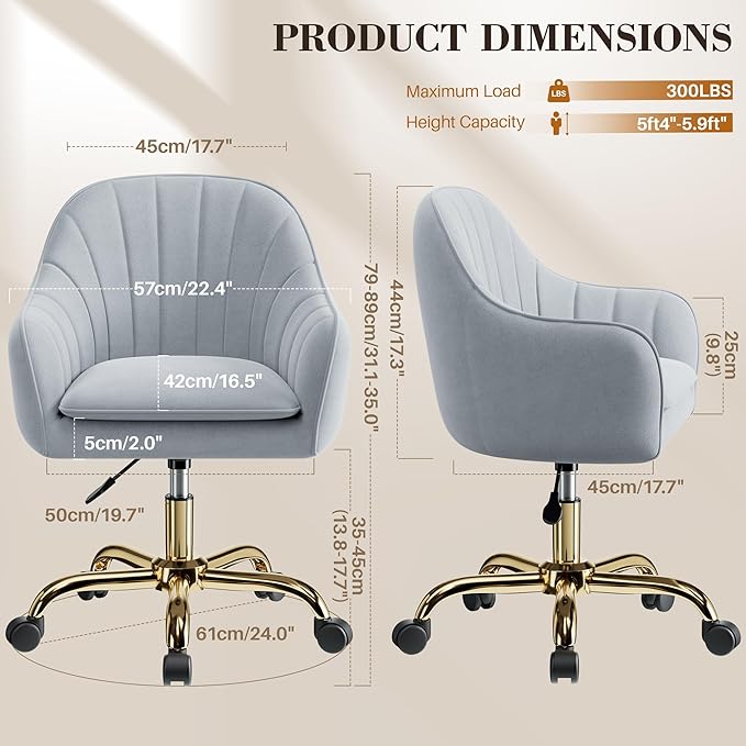 Vanity Chair with Wheels, Comfy Home Office Desk Chairs Adjustable Modern Velvet Makeup Vanity Chairs for Bedroom Living Room-Gray