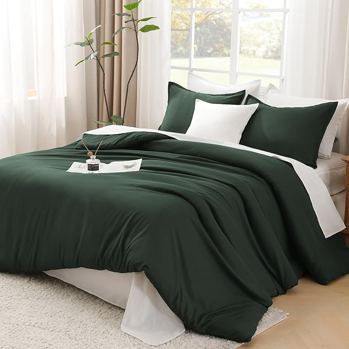 Litanika Comforter Set, Lightweight Solid Bedding Comforter Set, Fluffy Down Alternative Bed Set, Forest Green, Super King