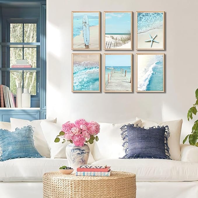 6Pcs Blue Seascape Beach Wall Art Summer Tropical Ocean Coastal Canvas Wall Decor Starfish Bridge Boat Surfboard Painting Prints Surfers Pictures Trendy College Preppy Dorm Posters Unframed