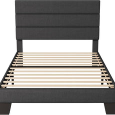 Allewie Twin Size Platform Bed Frame with Fabric Upholstered Headboard and Wooden Slats Support, Fully Upholstered Mattress Foundation/No Box Spring Needed/Easy Assembly, Dark Grey
