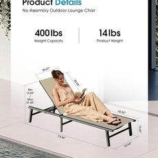 Ciokea Aluminum Outdoor Lounge Chair Set of 2- No Assembly Needed, Foldable Patio Chaise Lounge with 5 Adjustable Positions, Reinforced Frame for Extra Durability, Pool Beach Lounge Chair, Khaki