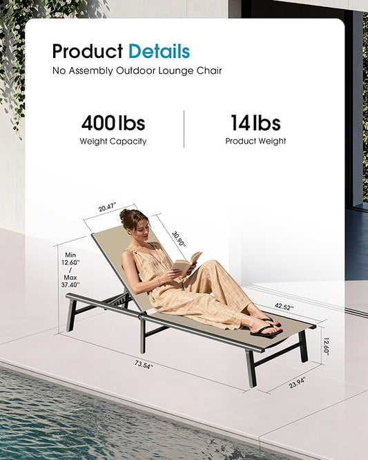 Ciokea Upgraded Aluminum Outdoor Lounge Chair - No Assembly Needed, Foldable Patio Chaise Lounge with 5 Adjustable Positions, Reinforced Frame for Extra Durability, Pool Beach Lounge Chair, Khaki