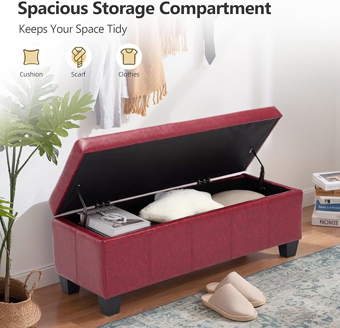 Faux Leather Storage Ottoman Bench with Hinged Lid,42 Inch Large Rectangular Footrest Stool for Bedroom End of Bed, Entryway and Living Room, Padded Seat Shoe Bench, Wine Red