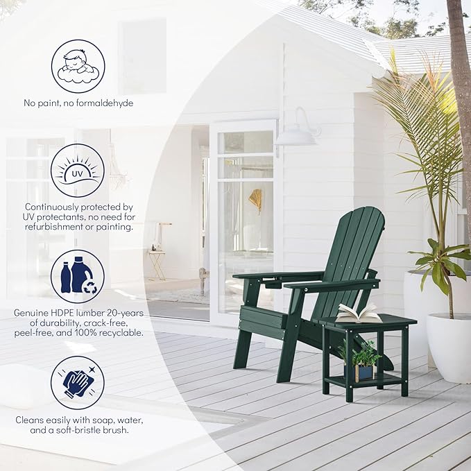 Plawdlik Folding Adirondack Chair, SGS Tested, Wooden Textured with Cup Holder, Heavy All-Weather HDPE Comfortable Set Poolside Backyard Lawn Green Set 2