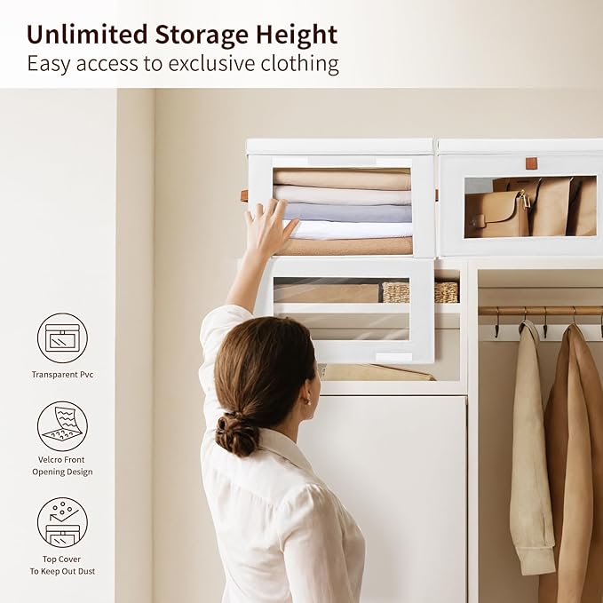 Large Clothing Storage Bins - Collapsible Boxes with Handles & Window, Decorative Organizer Bins with Lids, Fabric Containers for Living Room, Dorm, 4 Pack, White