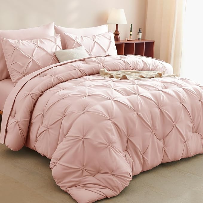 CozyLux Twin Comforter Set with Sheets Blush Pink, 5 Pieces Pintuck Bed in A Bag, Twin Bed Set Gift for Family, Pinch Pleat Bedding Set with Comforter, Sheets, Pillowcase & Sham