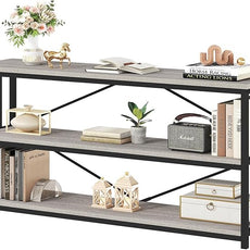 HSH Low Bookshelf, Wood Metal 3 Tier Long Horizontal Bookcase, Large Open Etagere Bookshelves with Storage for Bedroom, Farmhouse Wide Book Shelf for Home Office Living Room, Light Grey Oak, 70 Inch