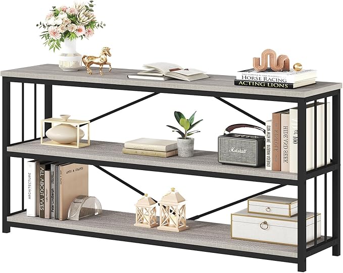 HSH Low Bookshelf, Wood Metal 3 Tier Long Horizontal Bookcase, Large Open Etagere Bookshelves with Storage for Bedroom, Farmhouse Wide Book Shelf for Home Office Living Room, Light Grey Oak, 70 Inch