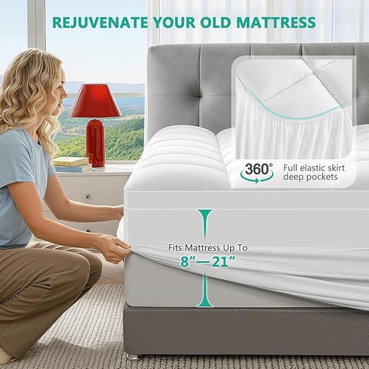 California King Mattress Topper - Extra Thick Mattress Pad Cover - Pillow Top with Soft Breathable Spiral Fiber Filling, 8-21 Inch Deep Pocket, Cooling, White