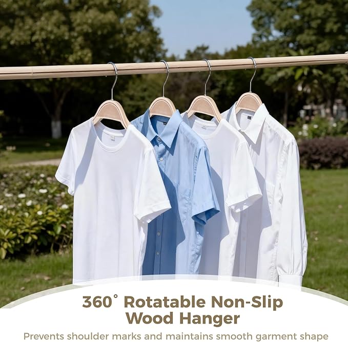 30 PCS Slim Natural Wooded Hangers with Extra Soft Non-Slip Rubber Grips - Curved Shoulder Design, 360° Rotatable Metal Hook Hangers for Shirts Sweaters Jackets Dresses