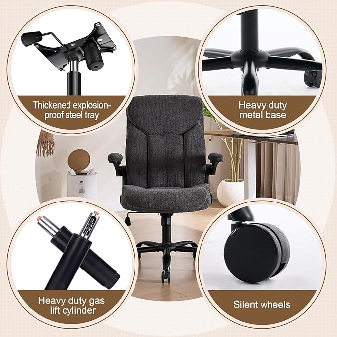 Executive Office Chair, Comfy Fabric Cloth Computer Chair Ergonomic Desk Chairs with Flip-up Armrests, Lumbar Support, 360° Swivel and Rocking Function for Home Office Chairs, Grey