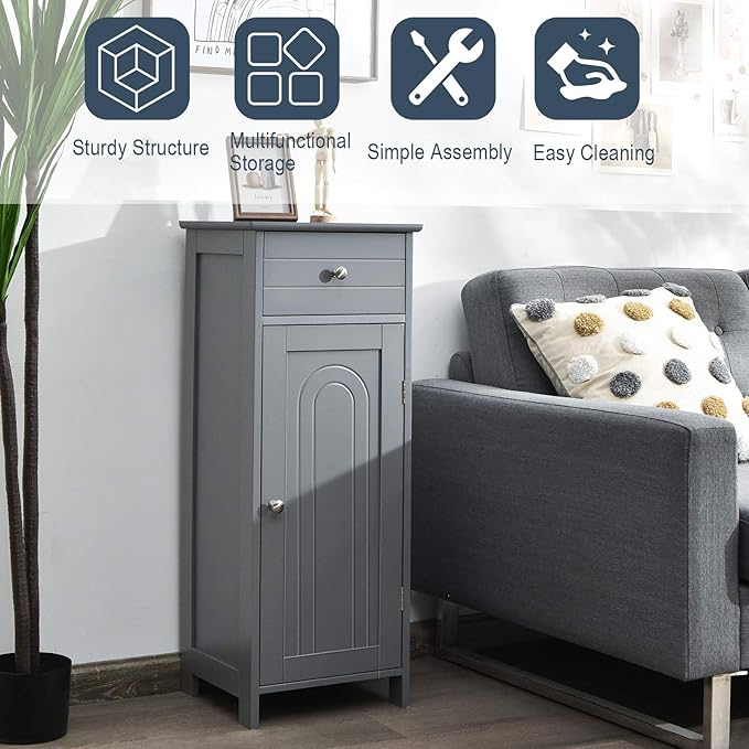 Tangkula Bathroom Floor Cabinet, Wooden Side Storage Cabinet, Freestanding Single Door Bathroom Cabinet with Large Drawer & 2 Adjustable Shelves for Living Room Kitchen (Grey)