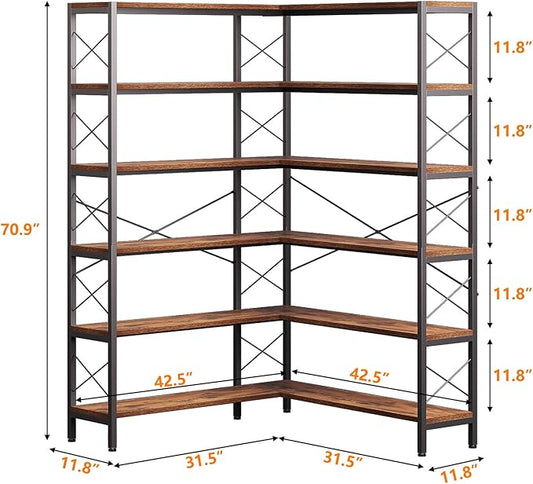 6-Shelf Corner Bookshelf, Vintage Industrial L Shaped Bookshelf Etagere Bookcase, Corner Shelf with Metal Frame Open Storage Rack Corner Book Shelf for Home Office Living Room (Retro Brown)